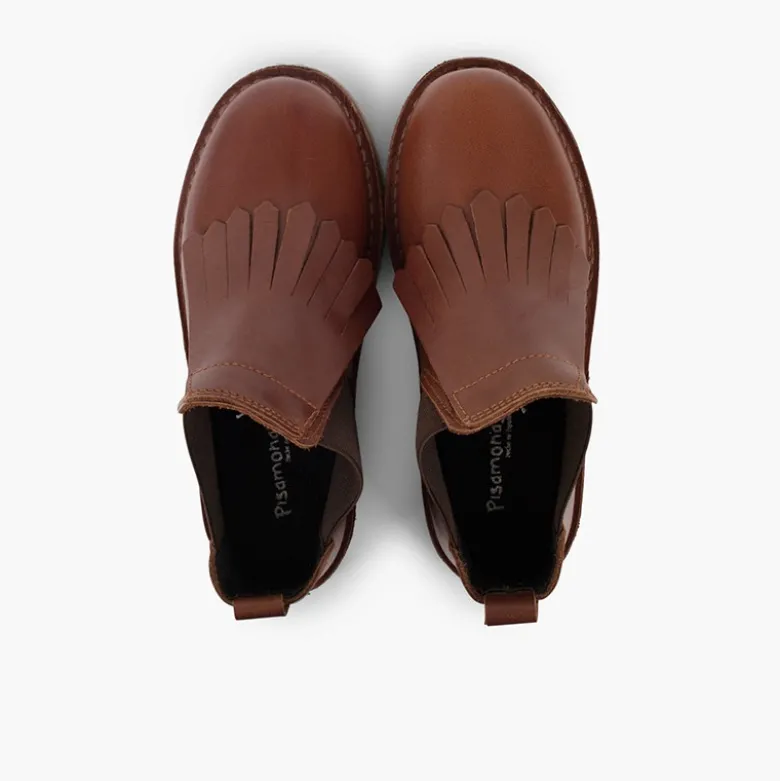 Botines piel niña lengüeta flecos