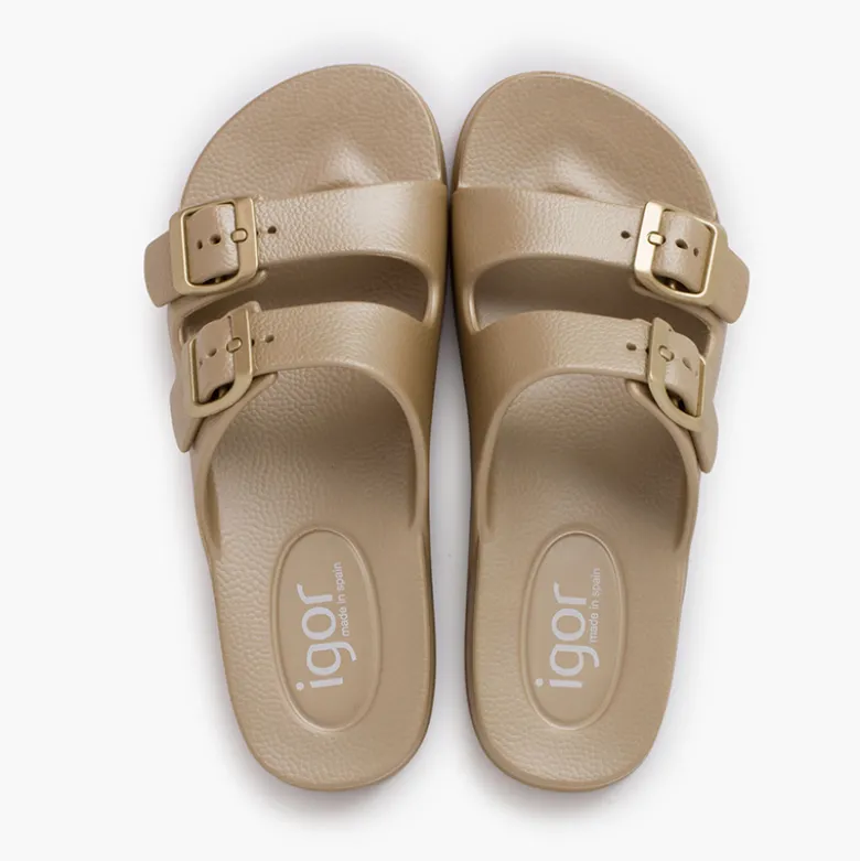 Sandalias Mujer doble hebilla colores metálicos